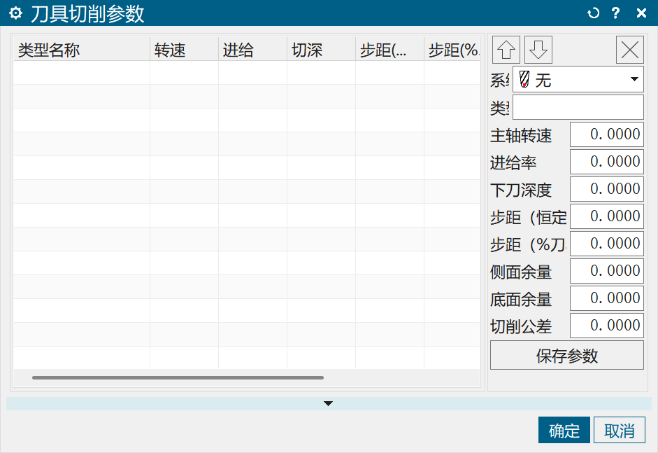 刀具切削参数窗口中尚未建立参数时，列表为空。