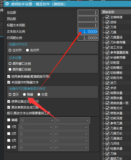 透明助手设置中的文本比例和未选择操作时隐藏文本